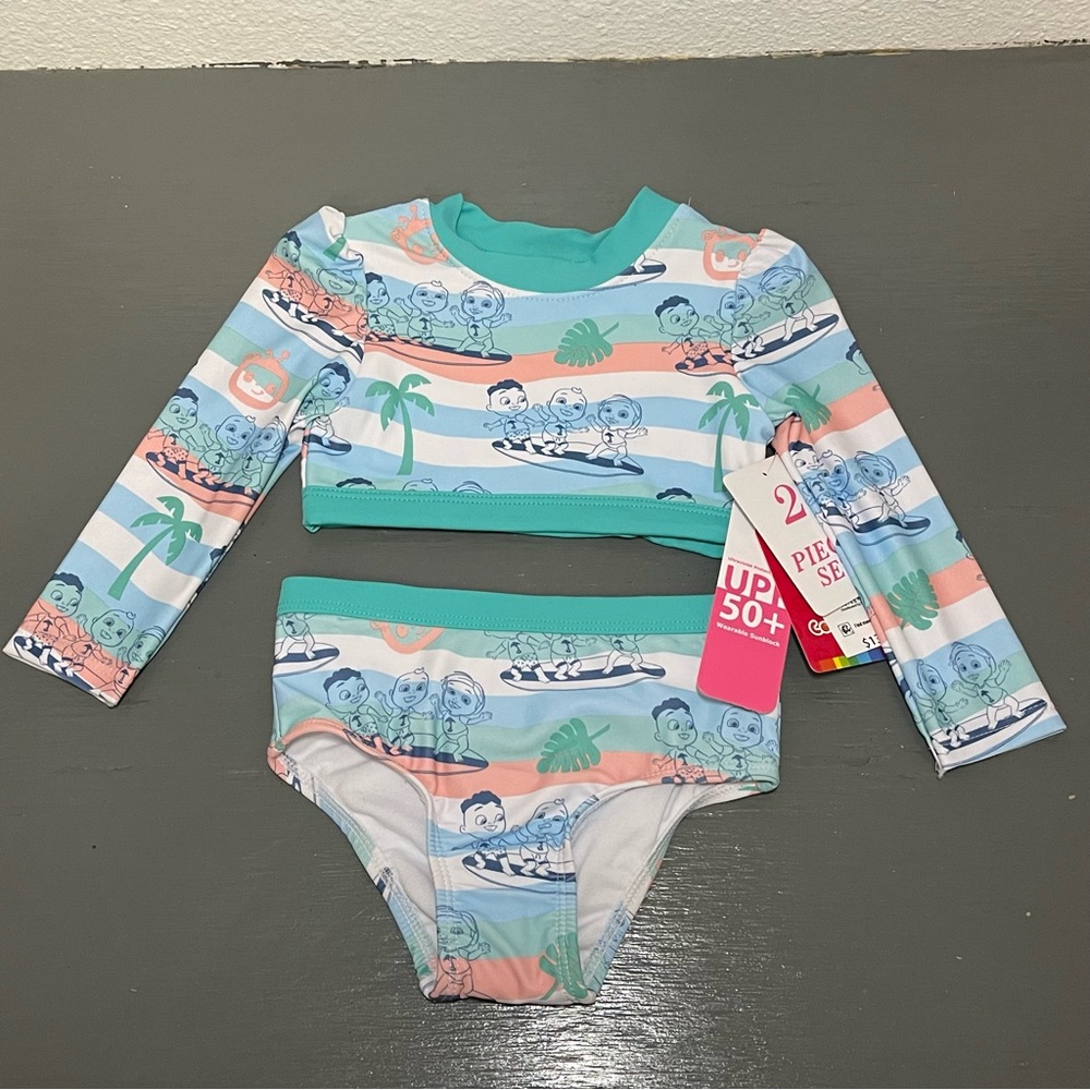 Infant Girls CoCoMelon 2pc RashGuard Swimsuit Size 12 Months Long Sleeve UPF 50+